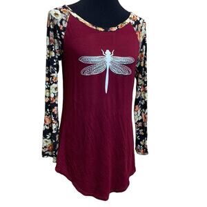 Hand Printed Upcycled Small Dragonfly Soft Long Sleeve Floral Raglan Tee Blouse